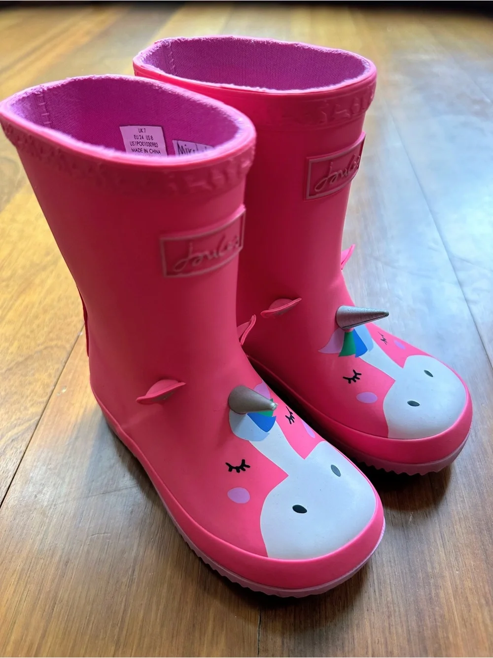 Joules Kids’ Unicorn 3D Horn Wellies/Rain Boots, Size 8 Little Kid, Pink